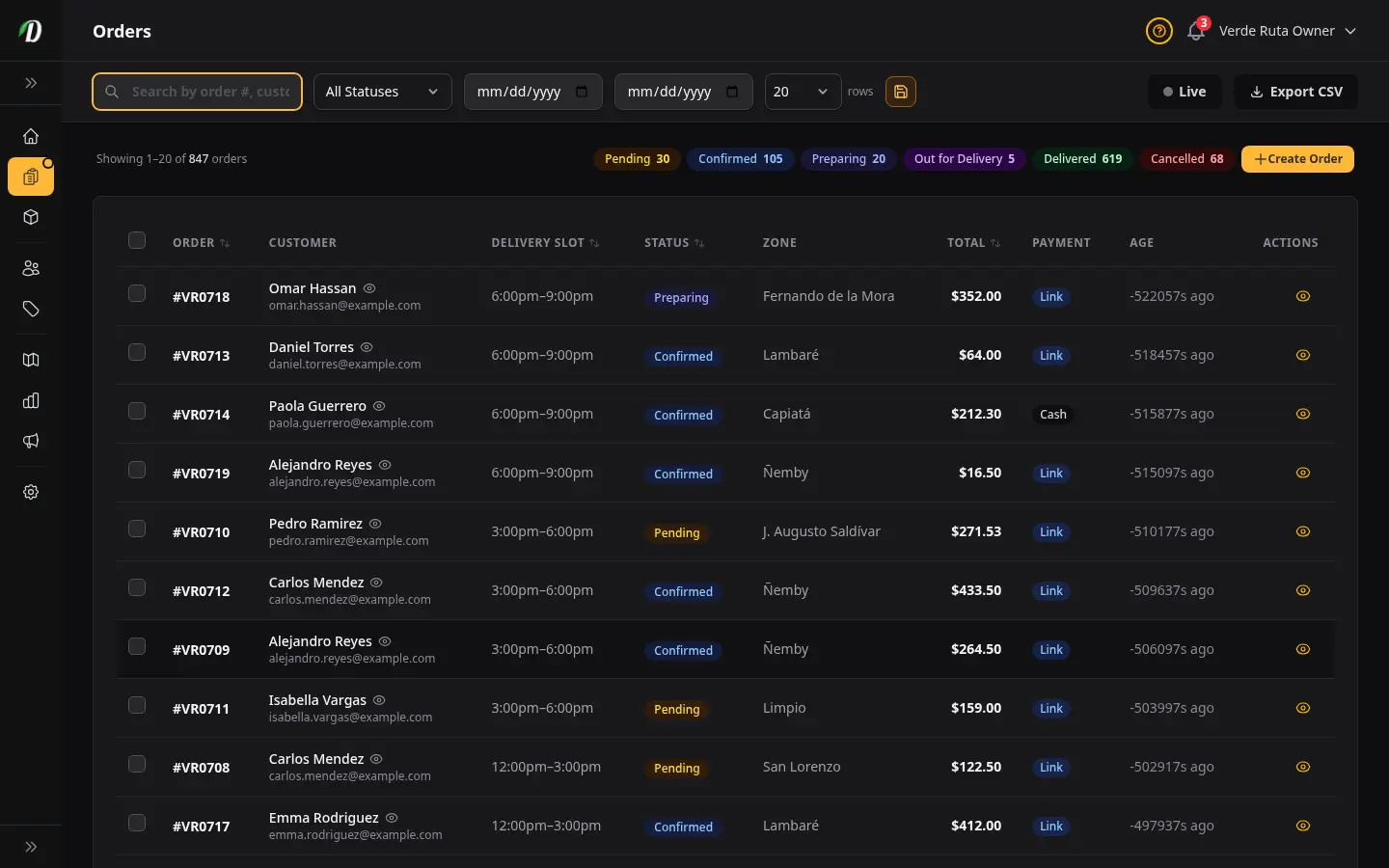 New order notification on the DabDash dashboard