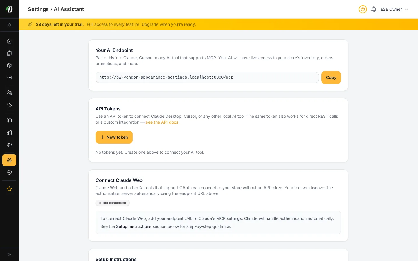 The settings area of a DabDash store dashboard, where the AI Assistant connection and its API tokens are managed