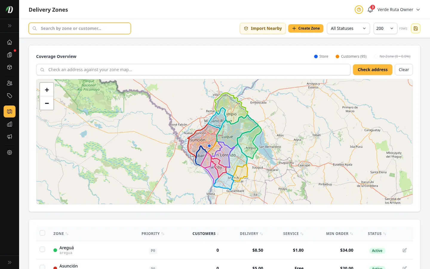 Delivery zone map with custom delivery areas drawn