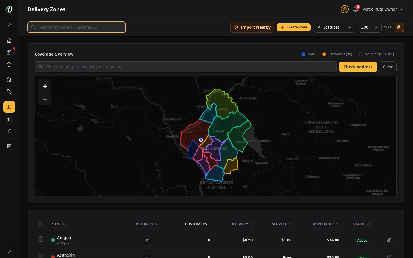 Delivery zone map with custom delivery areas drawn